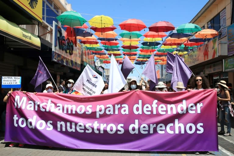 Dozens of women protested against gender-based violence and unequal pay (AFP/Randall CAMPOS)
