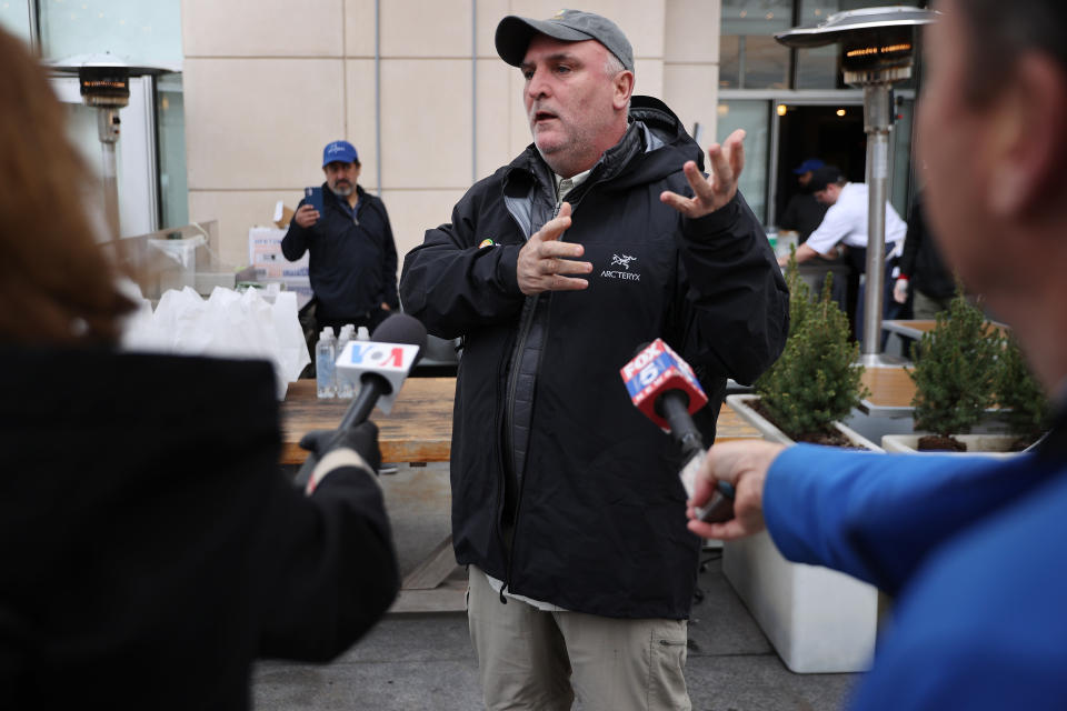 WASHINGTON, DC - MARCH 17: Celebrated Chef Jose Andres talks to journalists about why he is converting Zaytinya into a grab-and-go meal restaurant in response to the novel coronavirus March 17, 2020 in Washington, DC. Andres, whose World Central Kitchen has set up disaster response kitchens to feed people in Puerto Rico, Indonesia, Mozambique, Guatemala and other countries, will convert all his Washington, DC restaurants into 'community kitchens' in response to the COVID-19 outbreak. (Photo by Chip Somodevilla/Getty Images)