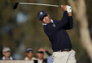 Matt Kuchar tees off on the 15th hole during the second round of the Genesis Invitational golf tournament at Riviera Country Club, Friday, Feb. 14, 2020, in the Pacific Palisades area of Los Angeles. (AP Photo/Ryan Kang)