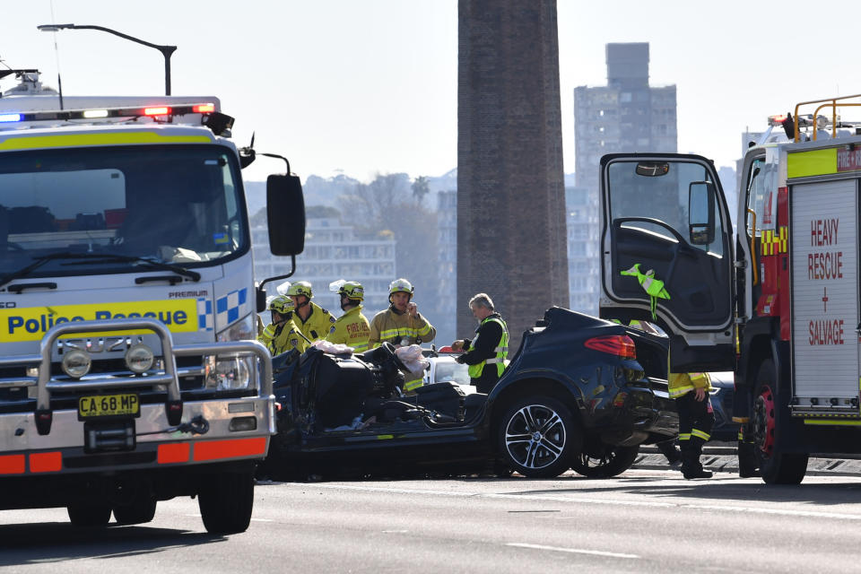 The wreckage of a multi car accident on the Sydney Harbour Bridge.