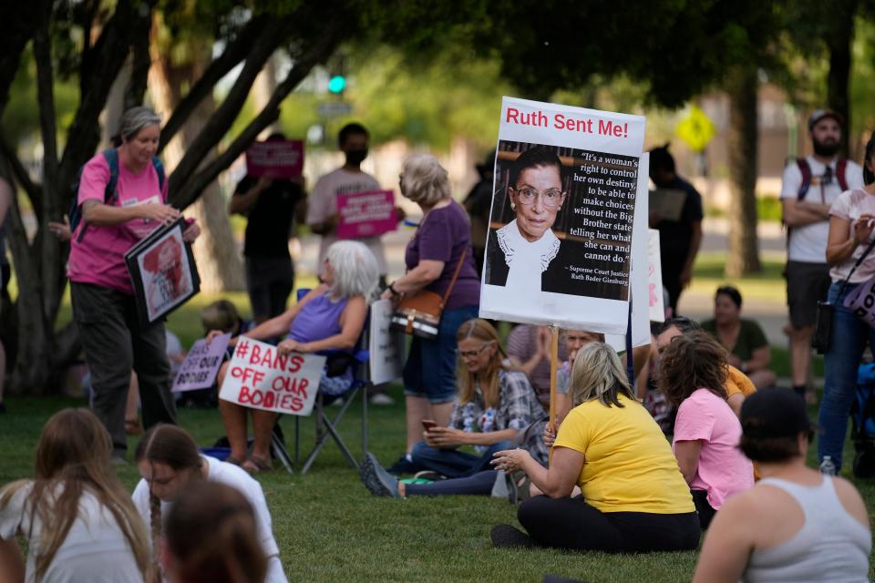 People gather for a rally in favor of keeping abortion legal at the Arizona Capitol on May 3, 2022.