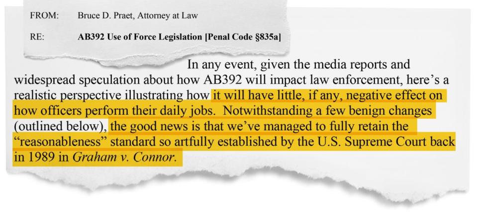 Lexipol co-founder Bruce Praet wrote in a "client alert" sent to law enforcement that a California law raising the standard for deadly force contained "benign changes." The ACLU of Southern California said Lexipol policies misinterpret the law, which says law enforcement can use deadly force only when necessary.