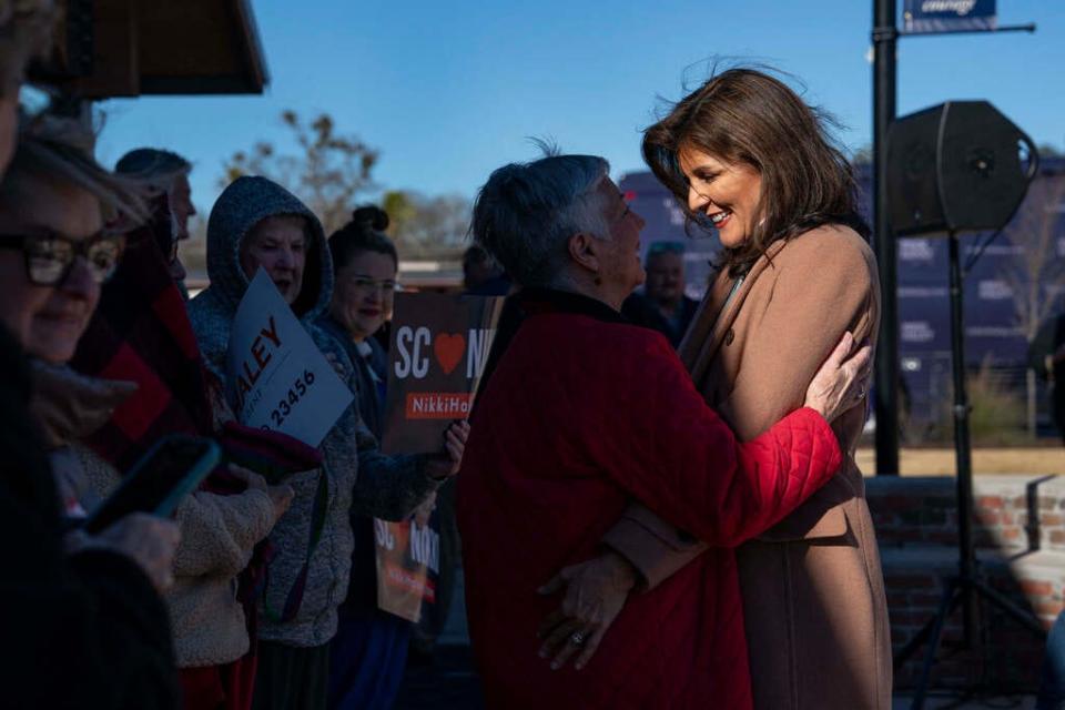 US Republican presidential hopeful and former UN Ambassador Nikki Haley greets supporters at a campaign event in Bamberg Veterans Park February 13, 2024, in Bamberg, South Carolina. (Photo by Allison Joyce / AFP) (Photo by ALLISON JOYCE/AFP via Getty Images) ORG XMIT: 776105297 ORIG FILE ID: 2001080961