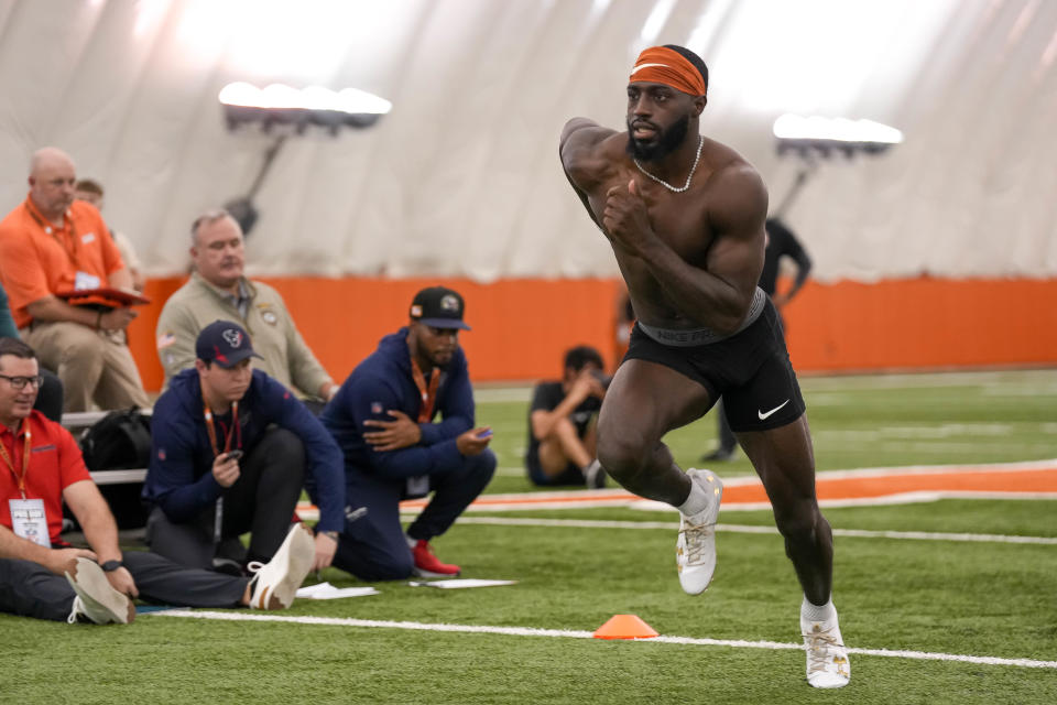 Texas defensive back D'Shawn Jamison competes in the 3-cone drill at Texas' annual pro day in March. Jamison lacks ideal size preferred by NFL scouts, but had lots of production for the Longhorns.