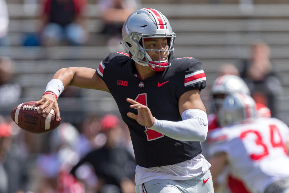 COLUMBUS, OH - APRIL 13: Ohio State Buckeyes quarterback Justin Fields (1) passes the ball during the Ohio State Life Sports Spring Game presented by Nationwide at Ohio Stadium in Columbus, Ohio on April 13th, 2019. (Photo by Adam Lacy/Icon Sportswire via Getty Images)