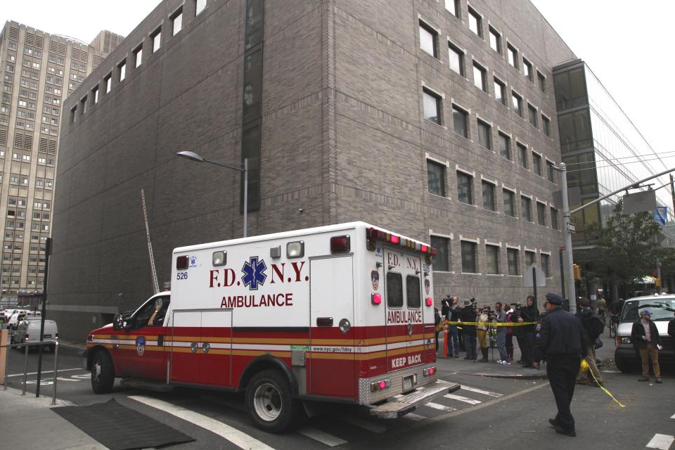 In this Wednesday, Oct. 31, 2012 photo, an ambulance departs Bellevue Hospital in New York where patients were being evacuated. Efforts to defend two of the city’s busiest, most important medical centers against flood broke down during superstorm Sandy this week. Nearly 1,000 patients had to be evacuated from NYU Langone Medical Center and Bellevue Hospital Center after backup power systems failed when their basements flooded. (AP Photo/Mark Lennihan)