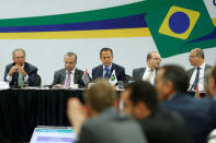 Brazil's Economy Minister Paulo Guedes, Brazil's Secretary of Social Security Rogerio Marinho, Sao Paulo's Governor Joao Doria, Federal District of Brasilia Governor Ibaneis Rocha and Rio de Janeiro's Governor Wilson Witzel attend a meeting about pension reform bill proposal in Brasilia, Brazil February 20, 2019. REUTERS/Adriano Machado