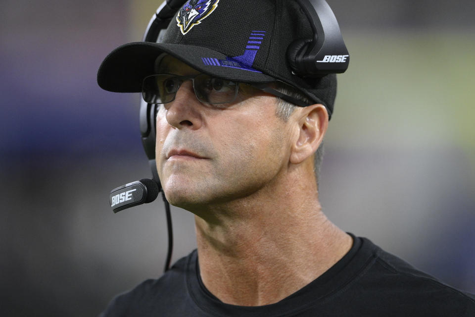 Baltimore Ravens head coach John Harbaugh walks on the sideline in the second half of an NFL football game against the Kansas City Chiefs, Sunday, Sept. 19, 2021, in Baltimore. (AP Photo/Nick Wass)