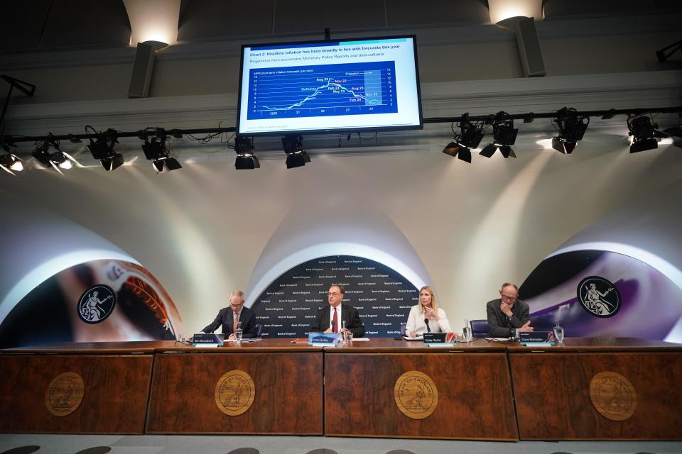 ftse 2X5E8WC (left to right) Ben Broadbent, Deputy Governor for Monetary Policy, Andrew Bailey, Governor of the Bank of England, Katie Martin, Head of Media and Stakeholder Engagement, and Deputy Governor for Markets and Banking Dave Ramsden, during the Bank of England Monetary Policy Report press conference at the Bank of England, London. Picture date: Thursday May 9, 2024.