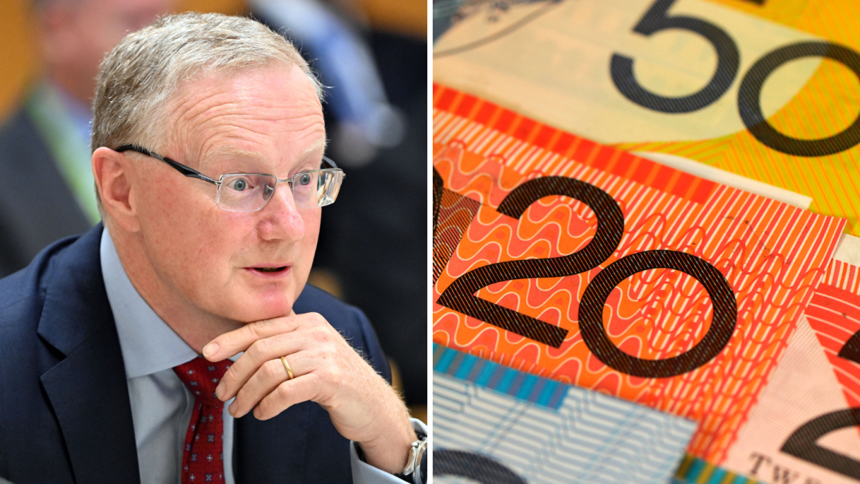 A composite image of RBA governor Philip Lowe and Australian currency.