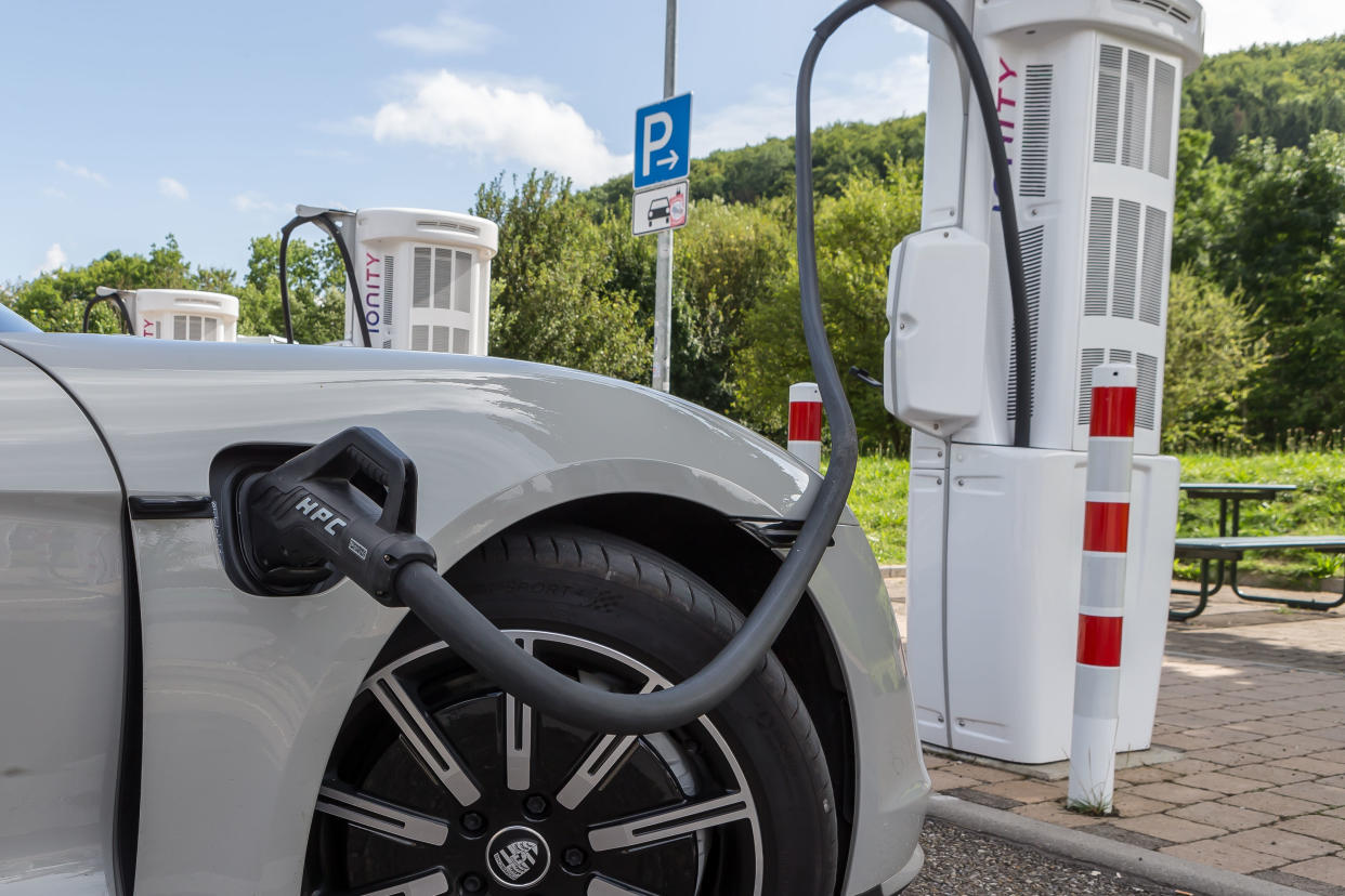 Gruebingen, Germany - August 17: (BILD ZEITUNG OUT) an E Porsche charging at a charging station at Rasthof Gruebingen on August 17, 2021 in Gruebingen, Germany. (Photo by Harry Langer/DeFodi Images via Getty Images)