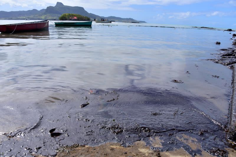 A general view shows the leaked oil from the bulk carrier ship MV Wakashio, belonging to a Japanese company but Panamanian-flagged, that ran aground on a reef, at Riviere des Creoles