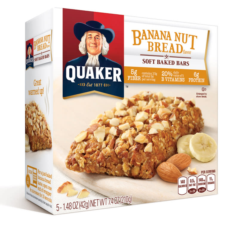 This undated photo provided by Quaker Oats, shows a package of Quaker Banana Nut Bread flavor, soft baked bars. On-the-go Americans are increasingly consuming their morning calories over several hours instead of sitting down to devour a plate of pancakes, bacon and eggs in one sitting. (AP Photo/Quaker Oats)