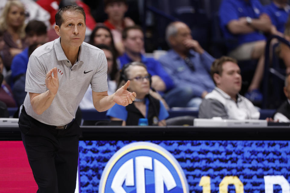 NASHVILLE, TN - MARCH 14: Arkansas Razorbacks head coach Eric Musselman during a second round game of the men's Southeastern Conference Tournament between the South Carolina Gamecocks and Arkansas Razorbacks, March 14, 2024, at Bridgestone Arena in Nashville, Tennessee. (Photo by Matthew Maxey/Icon Sportswire via Getty Images)