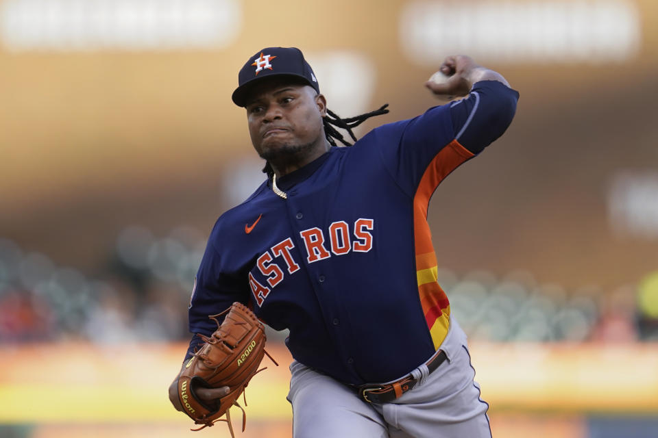 Houston Astros pitcher Framber Valdez throws against the Detroit Tigers in the first inning of a baseball game in Detroit, Monday, Sept. 12, 2022. (AP Photo/Paul Sancya)