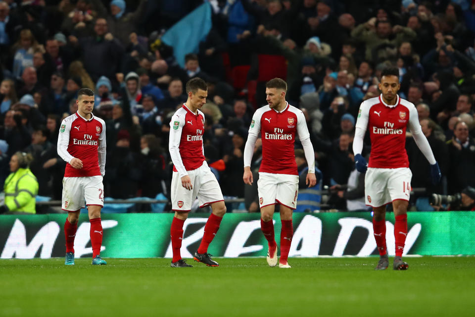 Granit Xhaka (left) and Aaron Ramsey (second from right) were among the Arsenal players whom Gary Neville ripped during Manchester City’s 3-0 League Cup final victory.