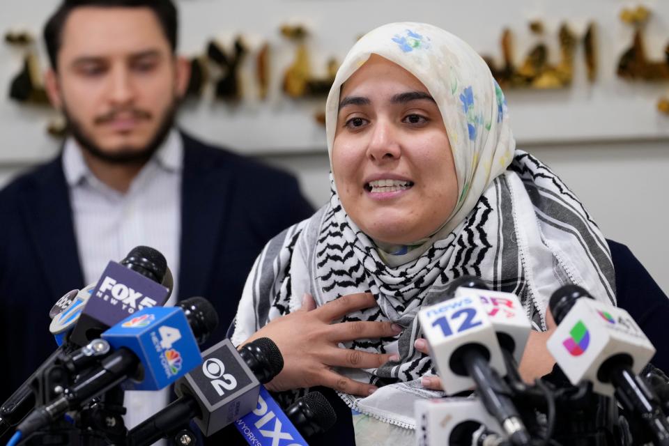 Rania Mustafa, Executive Director, at the Palestinian American Community Center (PACC), speaks during a press conference, Monday, October 16, 2023.