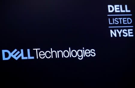 The logo for Dell Technologies Inc. is displayed on a screen on the floor of the New York Stock Exchange (NYSE) in New York