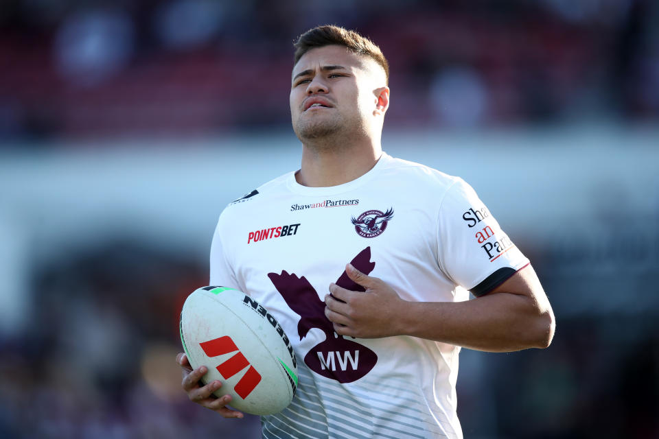 SYDNEY, AUSTRALIA - JULY 02: Josh Schuster of the Sea Eagles warms up ahead of the round 18 NRL match between Manly Sea Eagles and Sydney Roosters at 4 Pines Park on July 02, 2023 in Sydney, Australia. (Photo by Jason McCawley/Getty Images)