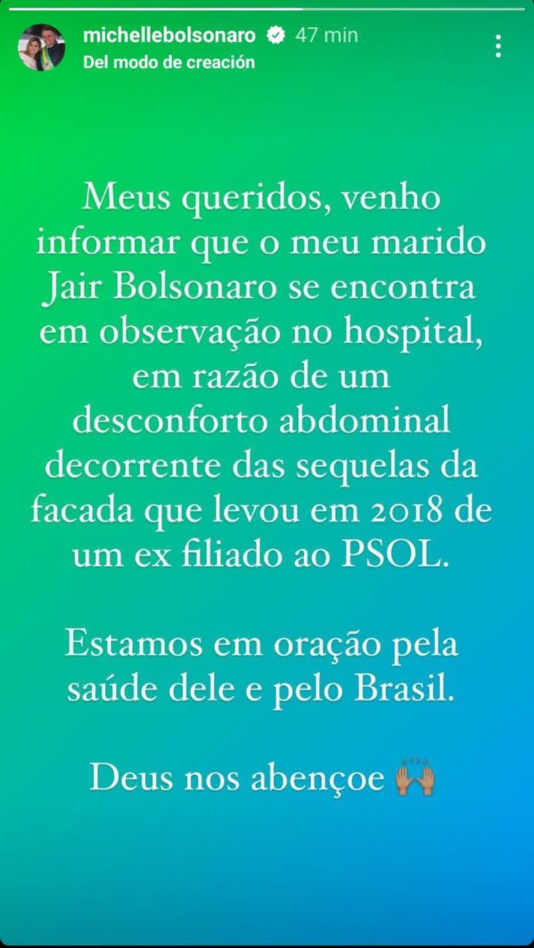 El posteo de Michelle Bolsonaro donde confirma que el expresidente está internado en Estados Unidos