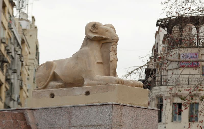 FILE PHOTO: A pharaonic ram is seen after the renovation of Tahrir Square for transfering 22 mummies from the Egyptian Museum, in Tahrir, to the National Museum of Egyptian Civilization, in Fustat, amidst the outbreak of coronavirus disease (COVID-19), in