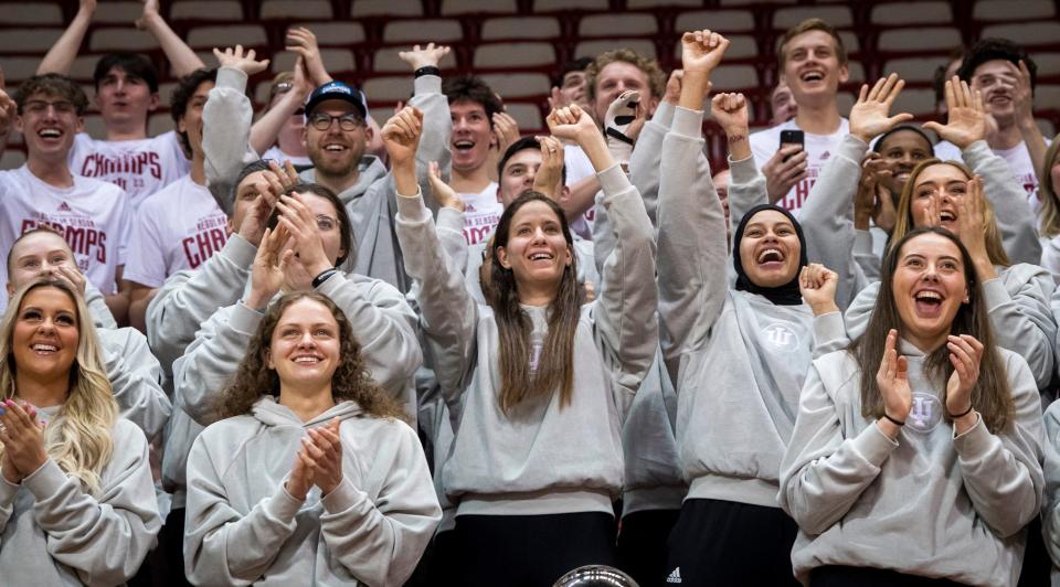 FROM LEFT: Indiana's Sydney Parrish, Grace Berger, Yarden Garzon, Kiandra Brown and Mackenzie Holmes react to being announced a 1-seed during the broadcast of the reveal of the 2023 NCAA Women's Tournament bracket at Simon Skjodt Assembly Hall on Sunday, March 12, 2023.