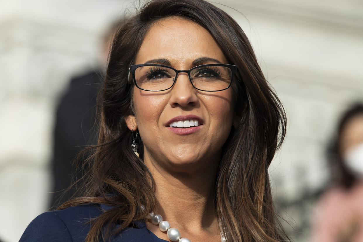 UNITED STATES - JANUARY 4: Rep. Lauren Boebert, R-Colo., is seen during a group photo with freshmen members of the House Republican Conference on the House steps of the Capitol on Monday, January 4, 2021. (Photo By Tom Williams/CQ-Roll Call, Inc via Getty Images)