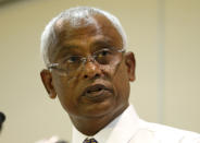 Maldives' opposition presidential candidate Ibrahim Mohamed Solih addresses the media in Male, Maldives, Monday, Sept. 24, 2018. A longtime but little-known lawmaker, Solih declared victory at his party's campaign headquarters in a contentious election widely seen as a referendum on the island nation's young democracy. (AP Photo/Eranga Jayawardena)