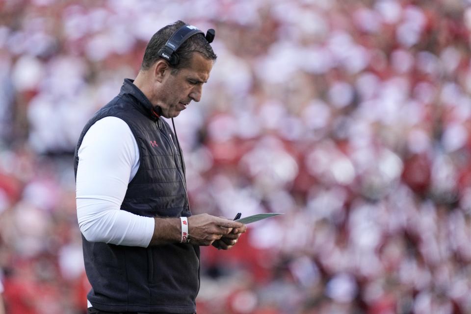 Wisconsin head coach Luke Fickell watches during the second half of an NCAA college football game against Buffalo Saturday, Sept. 2, 2023, in Madison, Wis. (AP Photo/Morry Gash)