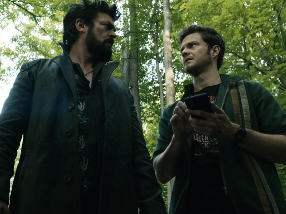 From left: Jensen Ackles as Soldier Boy, Karl Urban as Billy Butcher, and Jack Quaid as Hughie Campbell in season three, episode seven of "The Boys."