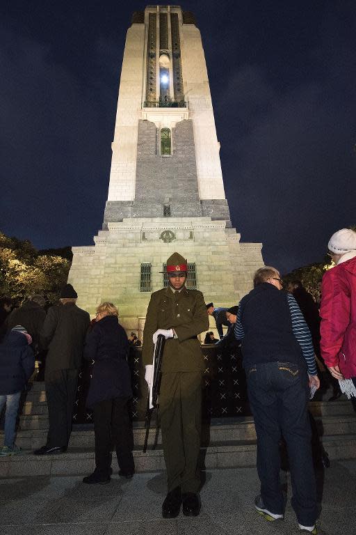 A New Zealand soldier stands guard at the Tomb of the Unknown Warrior during ANZAC day commemorations at Pukeahu National War Memorial Park in Wellington, New Zealand, on April 25, 2015