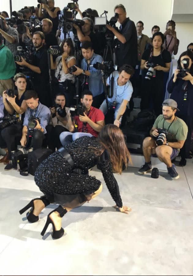 the model fell right in front of the photographers' pit. Photo: Instagram.