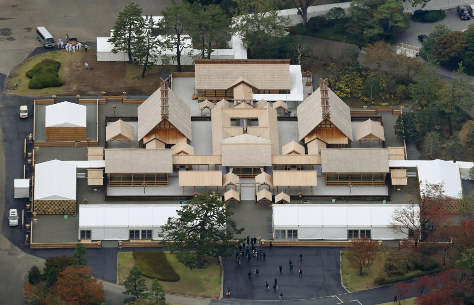 This aerial view shows the ritual venue called Daijokyu at the Imperial Palace in Tokyo, Wednesday, Nov. 13, 2019. Japan’s Emperor Naruhito will perform his first harvest ritual since ascending to the Chrysanthemum Throne on Nov. 14, 2019. It’s called Daijosai, or great thanksgiving festival, the most important imperial ritual that an emperor performs only once in his reign. (Kenzaburo Fukuhara/Kyodo News via AP)