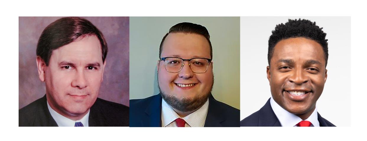 Republican primary candidates for Kentucky treasurer Mark Metcalf, Andrew Cooperrider and OJ Oleka.