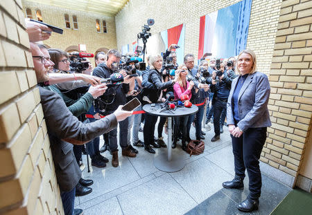 Norway's Justice Minister Sylvi Listhaug speaks to the press in the Norwegian parlament after several parties supported a motion of no-confidence against her in Oslo, Norway March 15, 2018. Picture taken March 15, 2018. NTB Scanpix/Gorm Kallestad via REUTERS