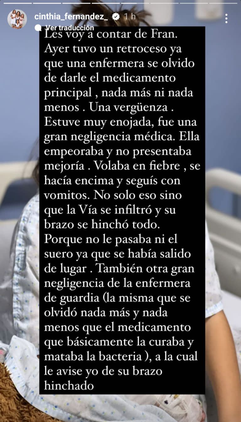 Cinthia Fernández aseguró que su hija fue víctima de negligencia médica