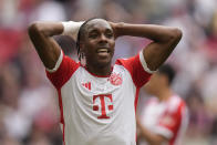 Bayern's Mathys Tel reacts during the German Bundesliga soccer match between Bayern Munich and Cologne at the Allianz Arena in Munich, Germany, Saturday, April 13, 2024. (AP Photo/Matthias Schrader)