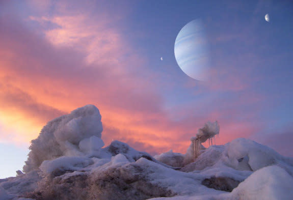 This artist rendering shows the view from a hypothetical habitable exomoon in orbit around Jupiter- and Saturn-like worlds.