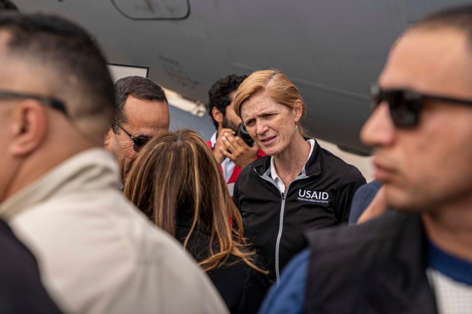 USAID Administrator Samantha Power meets with members of the Egyptian Red Crescent and other officials as foreign aid intended for Gaza is delivered at El Arish International Airport on 5 December, 2023. (Getty Images)
