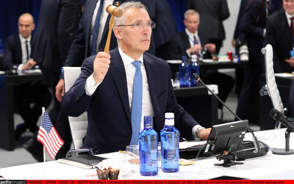 NATO Secretary General Jens Stoltenberg gives a speech at the opening of the first session on Ukraine during the NATO summit at the Ifema congress centre in Madrid - Anadolu Agency/Anadolu Agency