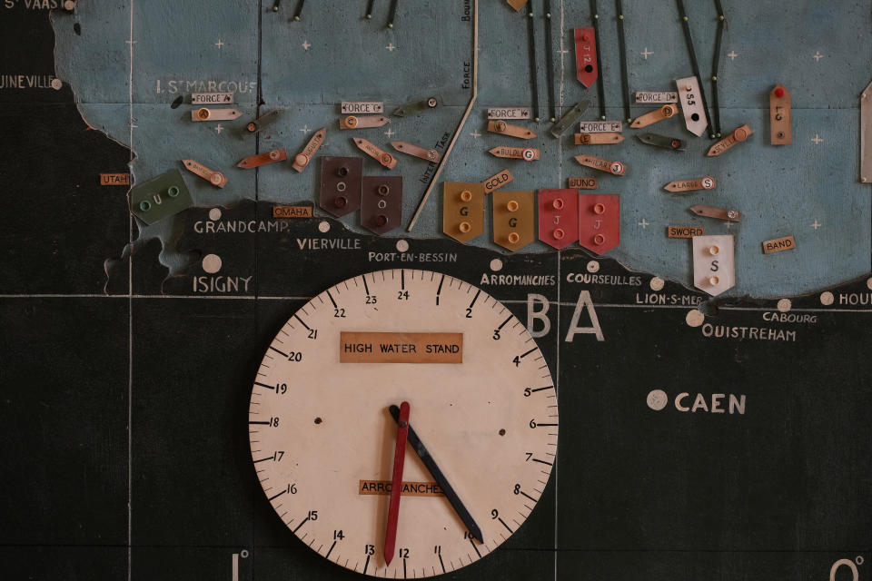 A detailed view of the map showing the invasion routes takes by the allied forces to the beaches in Normandy for the D-Day invasion, in the Map room at Southwick army base near Portsmouth, England Monday, June 3, 2024. (AP Photo/Alastair Grant)