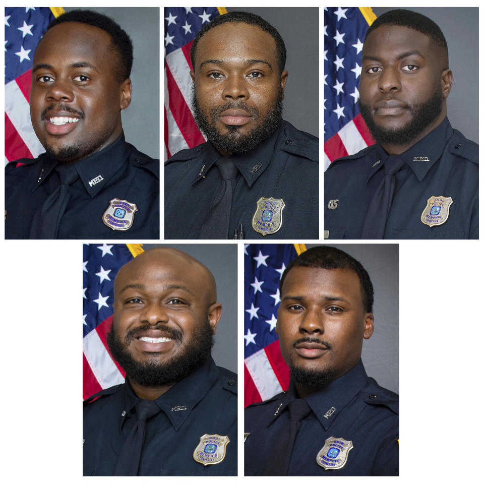 FILE - This combo of images provided by the Memphis Police Department shows, from top row from left, officers Tadarrius Bean, Demetrius Haley, Emmitt Martin III, bottom row, from left, Desmond Mills, Jr. and Justin Smith. The five former Memphis police officers have been charged with second-degree murder and other crimes in the arrest and death of Tyre Nichols. A Tennessee judge on Friday, May 19, 2023, continued to temporarily block the release of more video footage and records in the investigation into Nichols' death, but said he does want to make public as much information as possible that would not interfere with the rights to a fair trial for five Memphis police officers facing charges.(Memphis Police Department via AP)