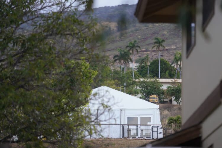 Temporary buildings are set up outside of Princess Nahienaena Elementary School in Lahaina. Students will begin returning to classes there next week after fall break. (Kevin Fujii/Civil Beat)