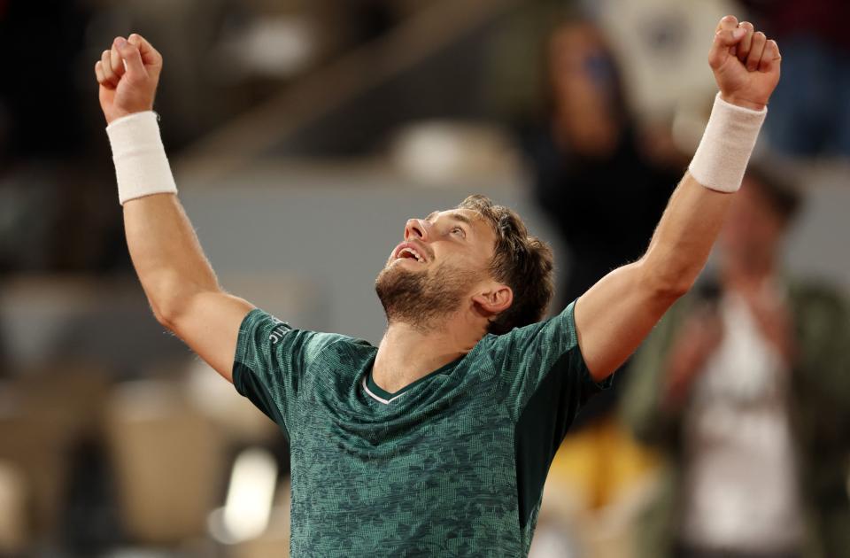 Norway's Casper Ruud reacts after winning the French Open semifinal.