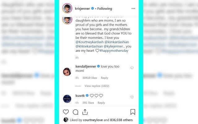 Kendall Jenner comments on Kris Jenner's Mother's Day tribute.