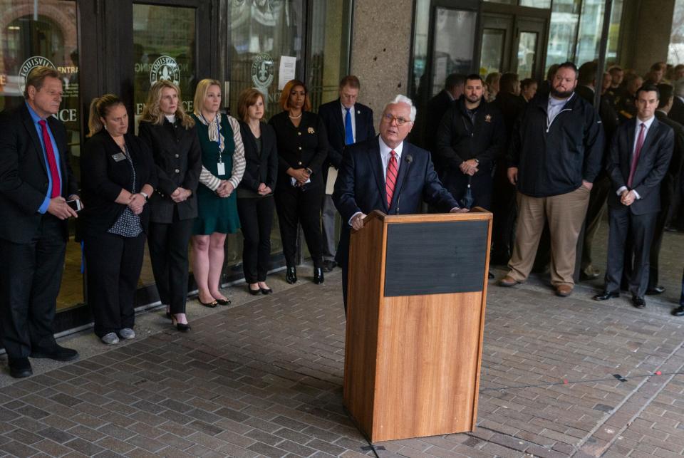 Jefferson County Attorney Mike O'Connell spoke against House Bill 690, which would allow attorneys to carry guns in Kentucky's courthouses, during a press conference on the steps of the Hall of Justice. April 4, 2022