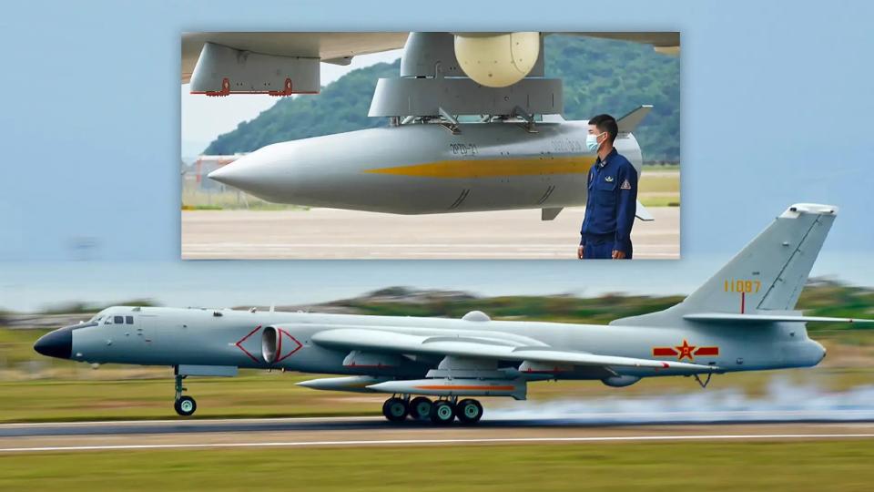 A picture showing a Chinese H-6K bomber carrying air-launched ballistic missiles, the designation of which is currently unknown, under its wings, with the inset offering a closer look at one of the weapons. <em>Chinese Internet</em>