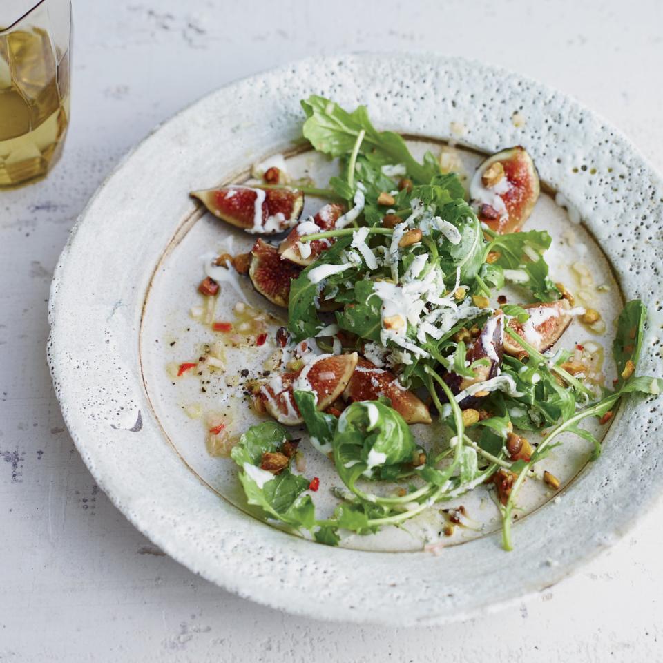 Fig and Arugula Salad with Grated Frozen Gorgonzola Piccante