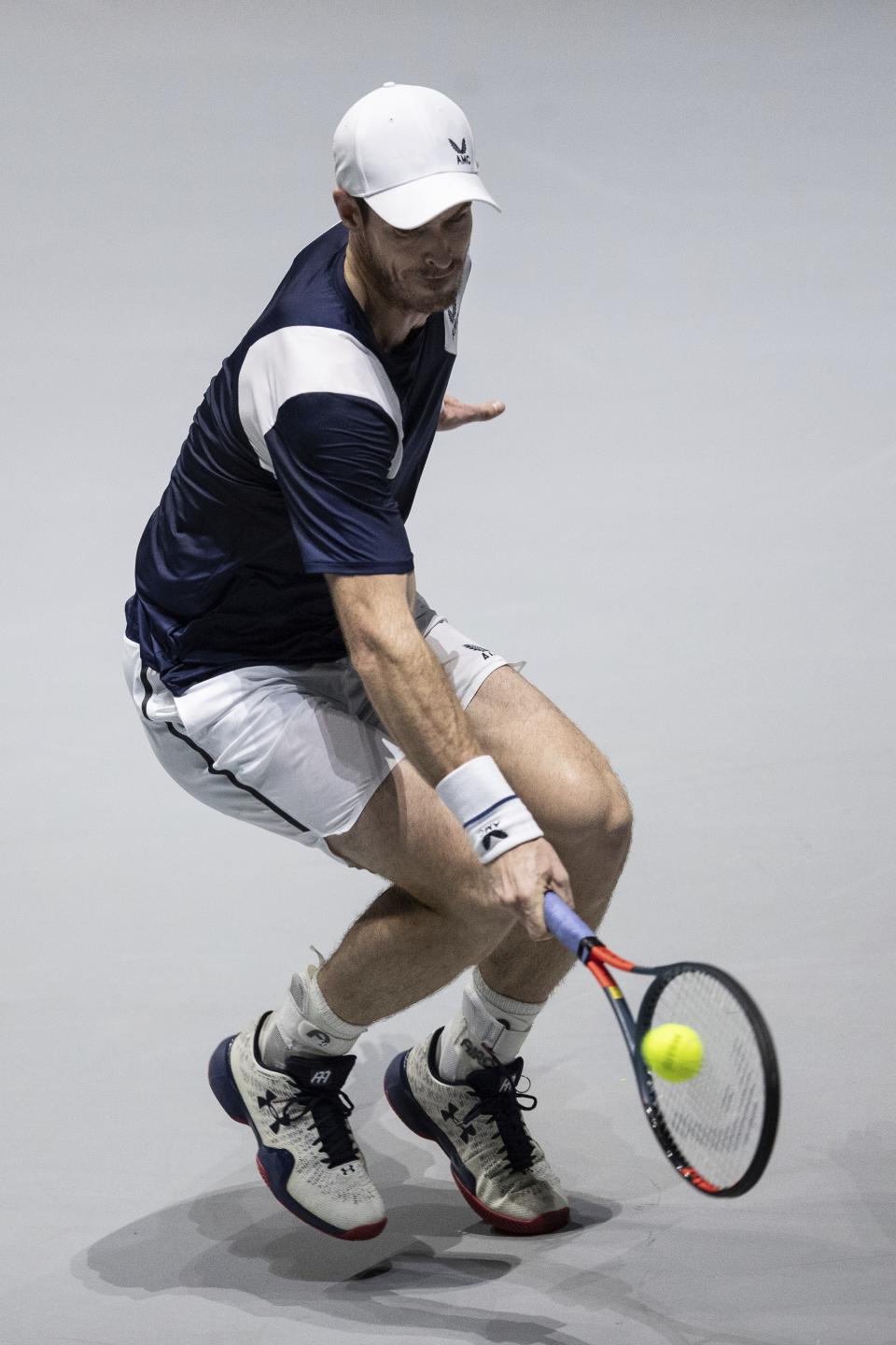 Great Britain's Andy Murray returns the ball to Netherlands' Tallon Griekspoor during their Davis Cup tennis match in Madrid, Spain, Wednesday, Nov. 20, 2019. (AP Photo/Bernat Armangue)