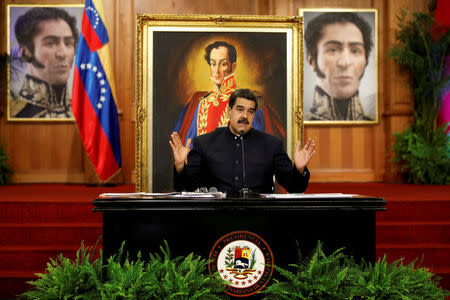 FILE PHOTO: Venezuela's President Nicolas Maduro talks to the media during a news conference at Miraflores Palace in Caracas, Venezuela October 17, 2017. REUTERS/Carlos Garcia Rawlins/File Photo